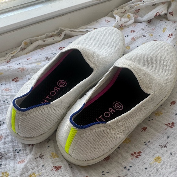 Rothy's White and Yellow Knit Sneakers with yellow stripe - Picture 2 of 4